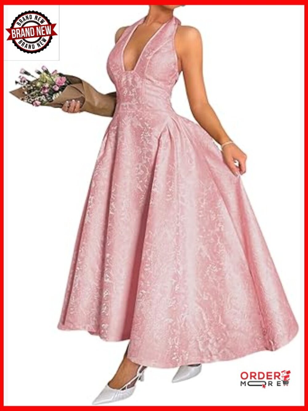 Jacquard Maxi Dress, V Neck A Line, Wedding Guest Prom, Halter Corset
